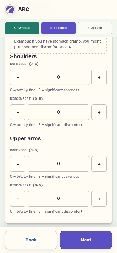 ARC mobile check-in screen with soreness and discomfort controls