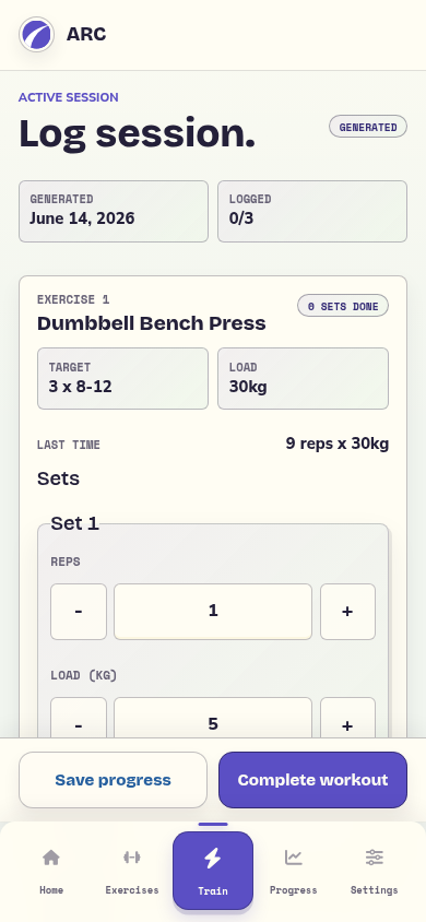 ARC active session screen for logging reps and load