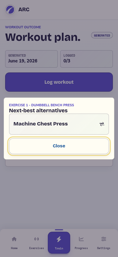 ARC generated workout showing an exercise alternatives dialog